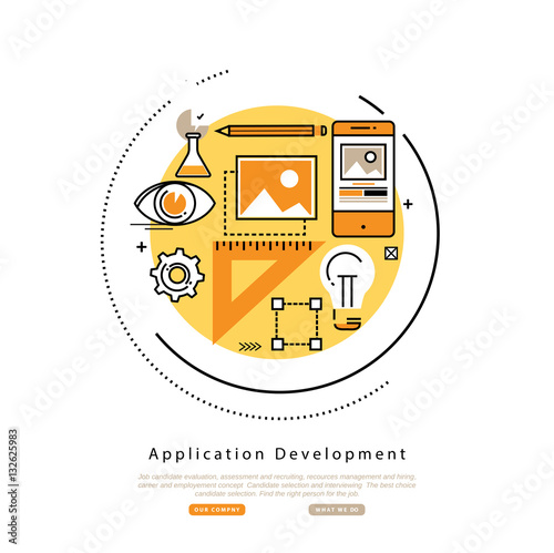 Application development flat line business vector illustration design banner, software API prototyping and testing background. Smartphone interface building process, website coding concept 