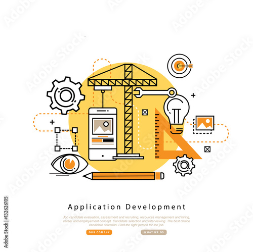 Application development flat line business vector illustration design banner, software API prototyping and testing background. Smartphone interface building process, website coding concept 