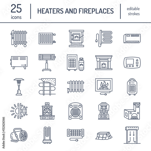 Oil heater, fireplace, convector, panel column radiator and other house heating appliances line icons. Home warming thin linear pictogram such as kotatsu, Russian oven. Equipment store signs.