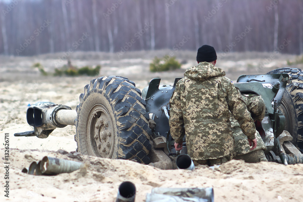 Heavy artillery on military war field Heavy artillery on military war field