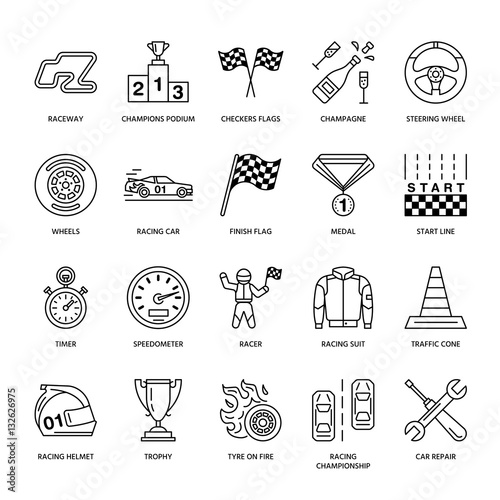 Car racing vector line icons. Speed auto championship signs - track, automobile, racer, helmet, checkers flags, steering wheel. Linear pictogram set with editable stroke for sport event, fan store.