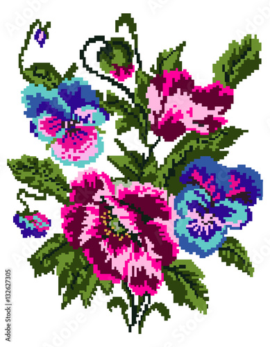 Color  bouquet of flowers (poppies and pansies) using traditional Ukrainian embroidery elements. Can be used as pixel-art.