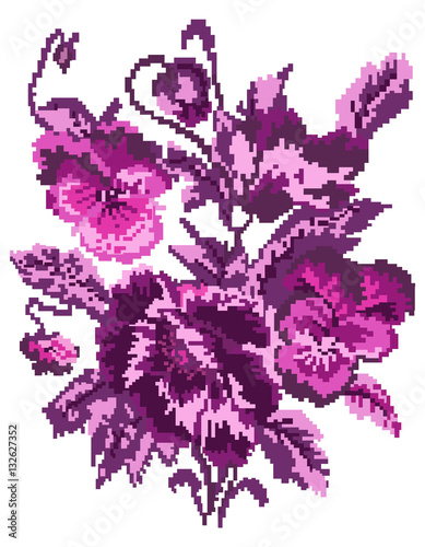 Bouquet of flowers (poppies and pansies) using traditional Ukrainian embroidery elements. Can be used as pixel-art. Violet tones.
