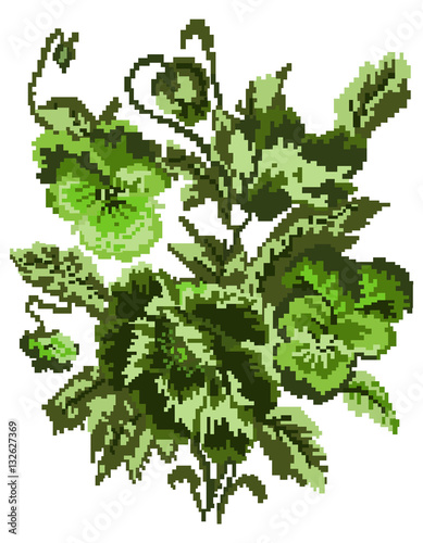 Bouquet of flowers (poppies and pansies) using traditional Ukrainian embroidery elements. Can be used as pixel-art. Green tones.