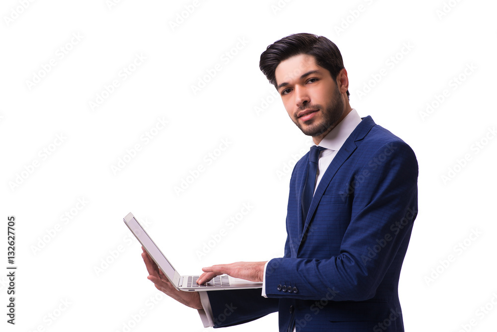 Businessman working with laptop isolated on white