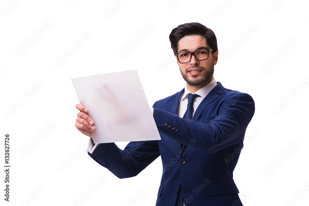 Businessman working on tablet isolated on the white background Businessman working on tablet isolated on the white background