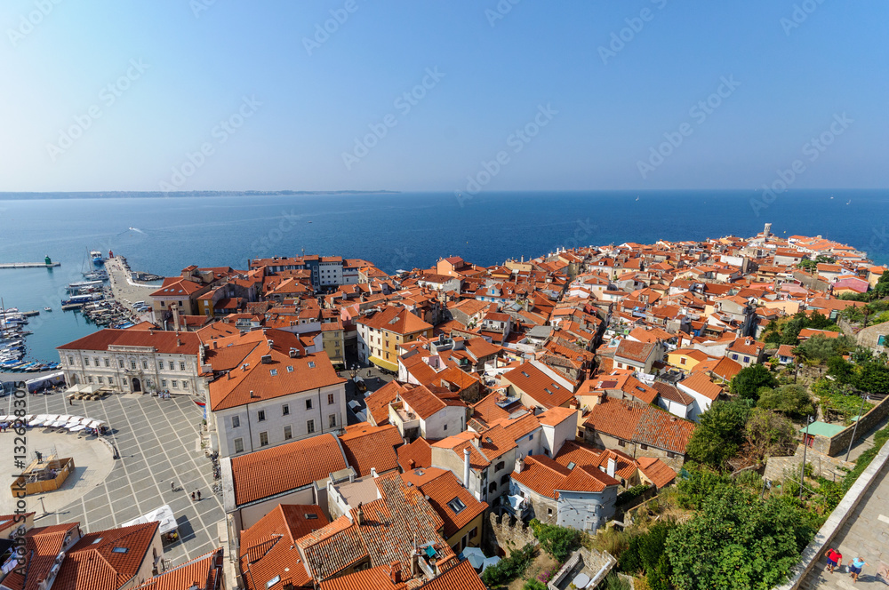 Fototapeta premium Aerial view of Piran town