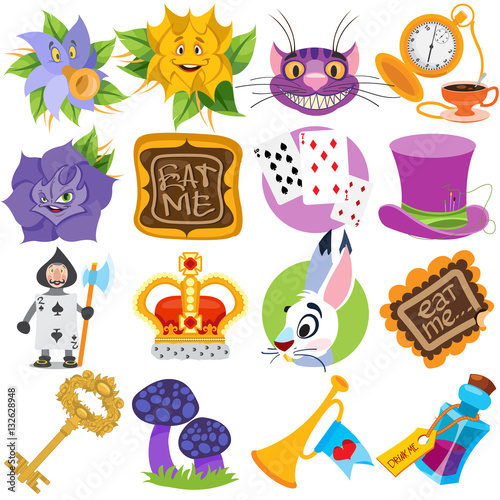 Set of illustrations on the theme of fairy tale Alice's Adventures in Wonderland. Characters and objects.