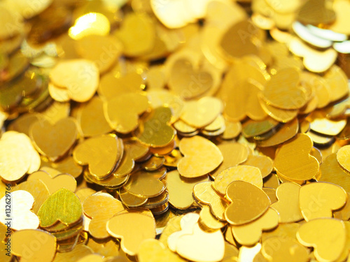 Gold hearts, Valentine's Day blured background, love holiday confetti
