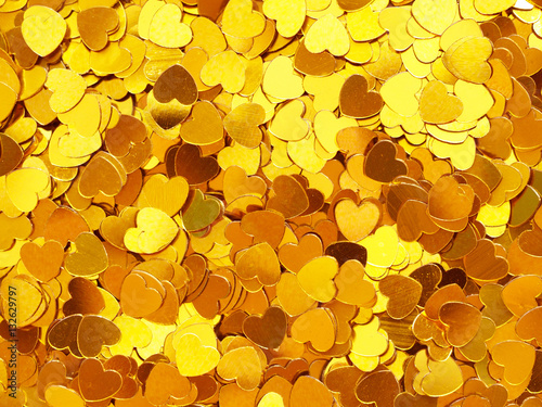 Gold hearts, Valentine's Day background, love holiday confetti