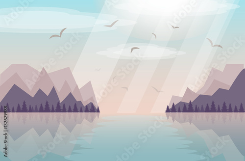 Mountains landscape vector illustration. Mountaineering and Traveling. Abstract image of a sunset or dawn sun over at the background  river,sea or lake at the foreground. © Alona Khadzhyoglo