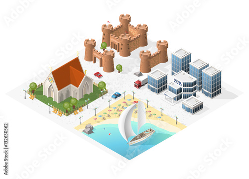 Set of Isolated Isometric Realistic City Maps. Elements with Shadows on White Background.