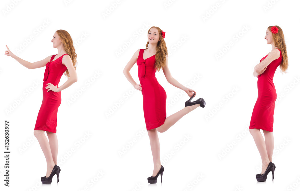 Pretty young girl in red dress isolated on white