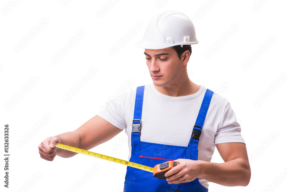 Fototapeta premium Man with tape measure isolated on white