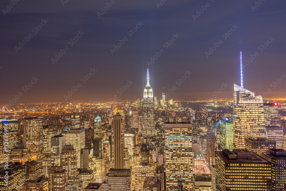 Night view of New York Manhattan during sunset