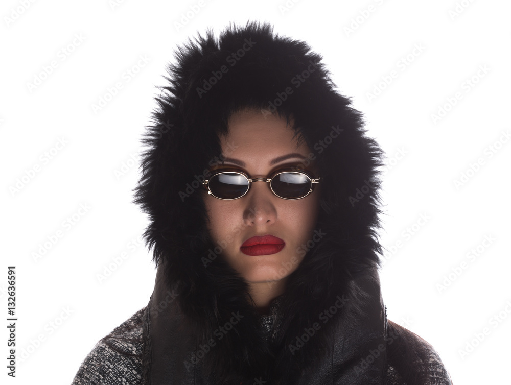 portrait of a beautiful girl in a hood isolated on white background portrait of a beautiful girl in a hood isolated on white background