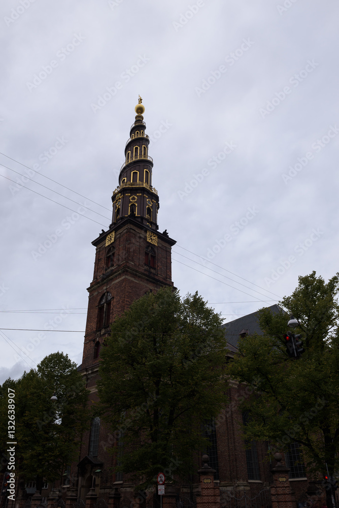 Impressive tower of the Church of Our Saviour, Copenhagen, Denmark