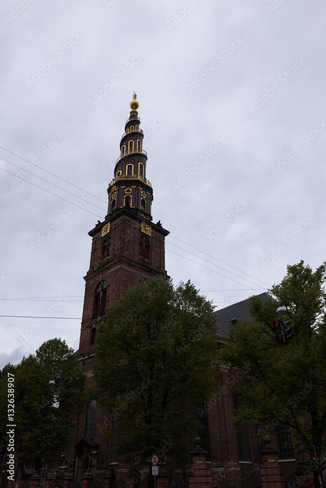 Impressive tower of the Church of Our Saviour, Copenhagen, Denmark Impressive tower of the Church of Our Saviour, Copenhagen, Denmark