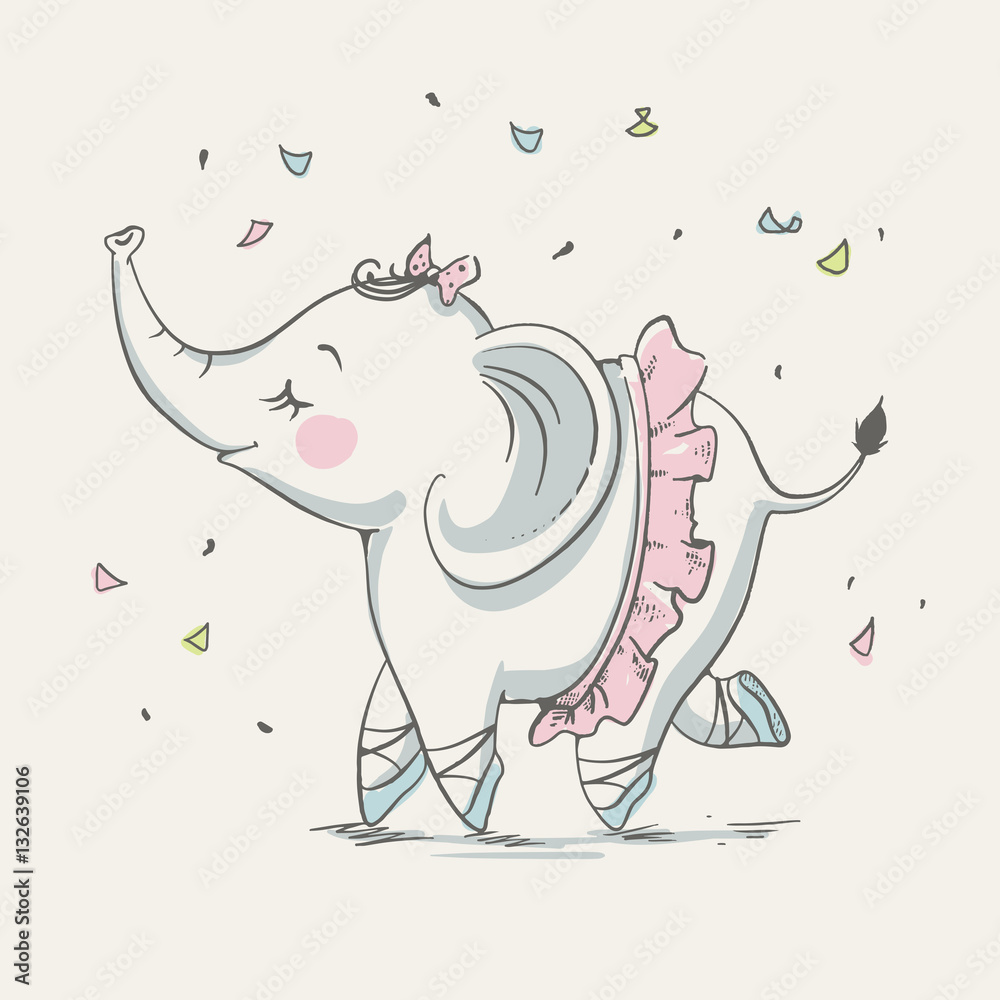 Cute elephant ballerina dancing cartoon hand drawn vector illustration. Can be used for baby t-shirt print, fashion print design, kids wear, baby shower celebration greeting and invitation card.