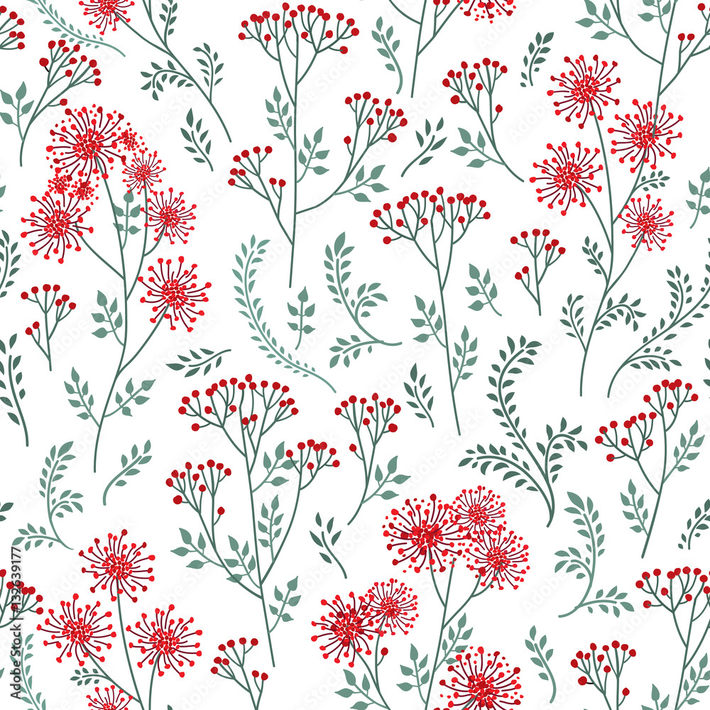 Floral pattern with leaves. Ornamental herb branch seamless nature doodle background