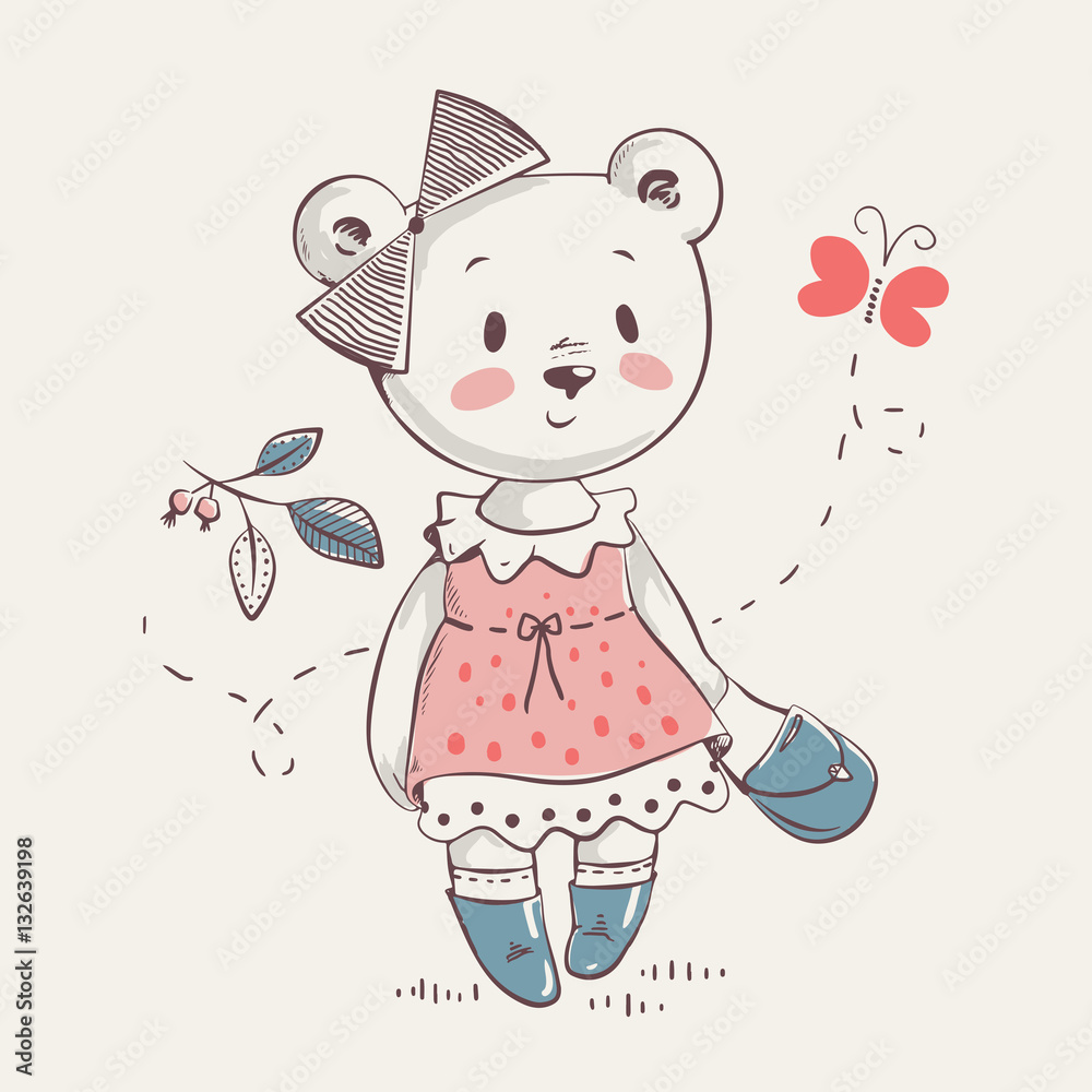 Cute little bear girl in dress cartoon hand drawn vector illustration. Can  be used for baby t-shirt print, fashion print design, kids wear, baby  shower celebration greeting and invitation card. Stock Vector |