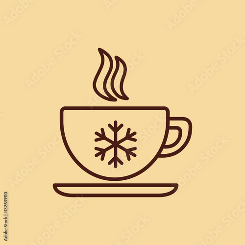 cup of coffee, tea with steam, snowflake, line icon brown on creme