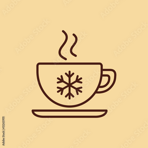 cup of coffee, tea with steam, snowflake, line icon brown on creme