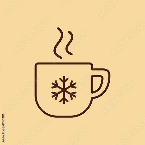 cup of coffee, tea with steam, snowflake, line icon brown on creme