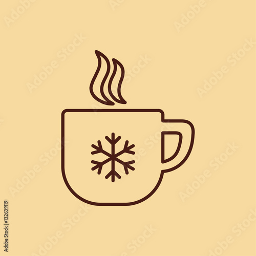 cup of coffee, tea with steam, snowflake, line icon brown on creme