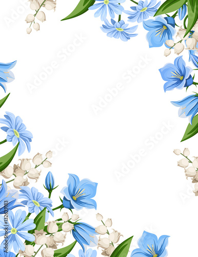 Vector flyer background with blue and white spring flowers.