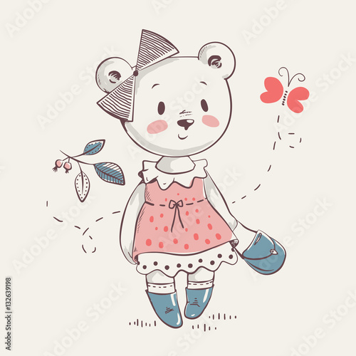 Cute little bear girl in dress cartoon hand drawn vector illustration. Can be used for baby t-shirt print, fashion print design, kids wear, baby shower celebration greeting and invitation card.
