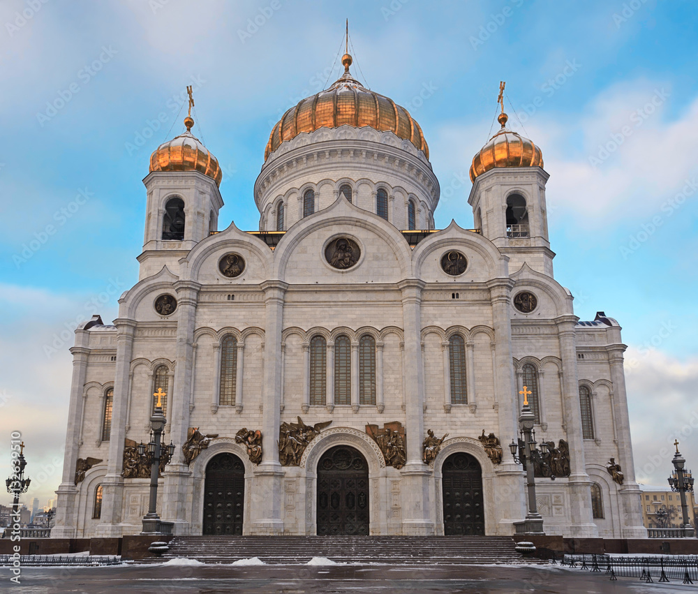 Moscow Cathedral of Christ the Savior at winter sunrise, Russia.