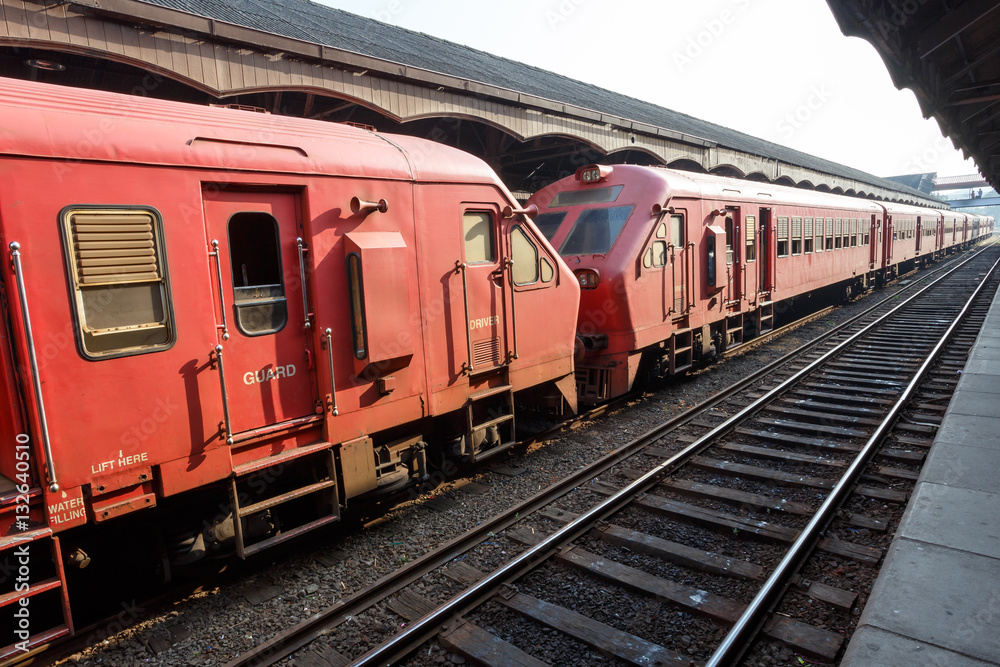 Red train on the railway station in Colombo. Sri Lanka Red train on the railway station in Colombo. Sri Lanka