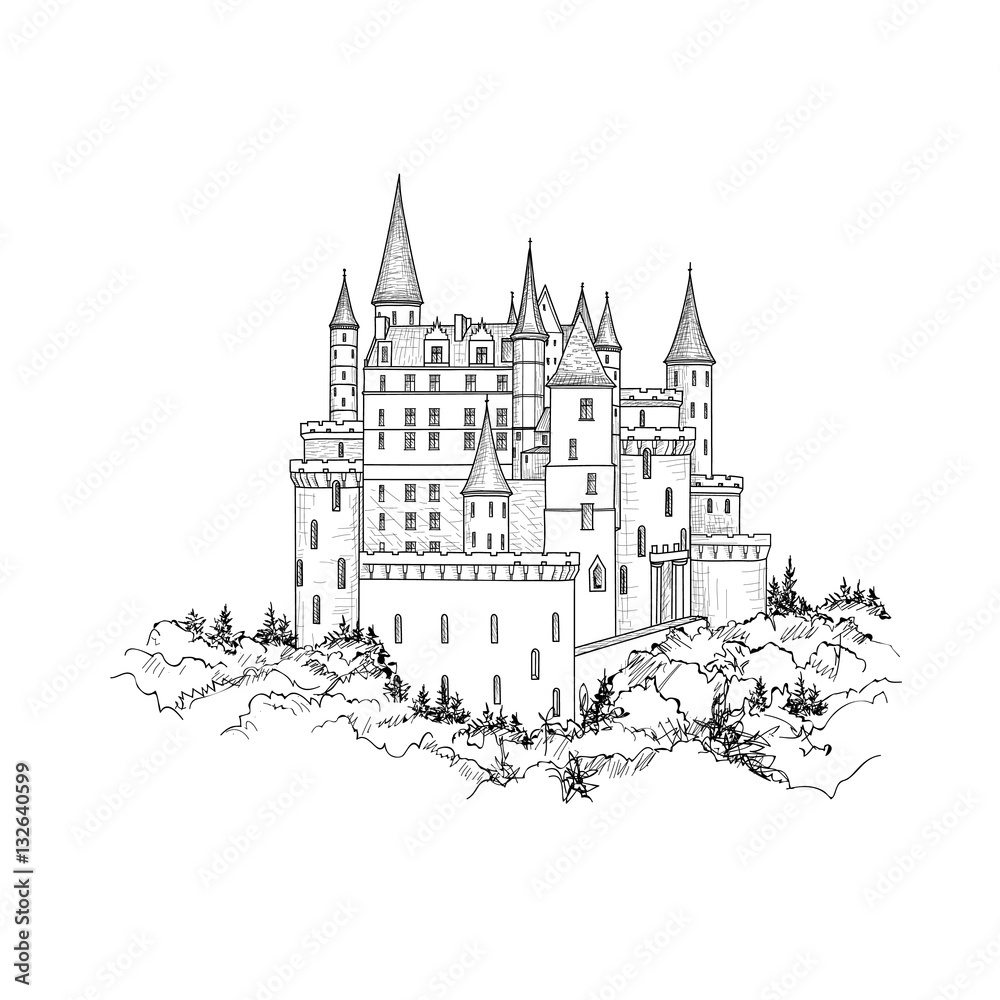 Castle landmark sketch illustration. Medieval palace building wi