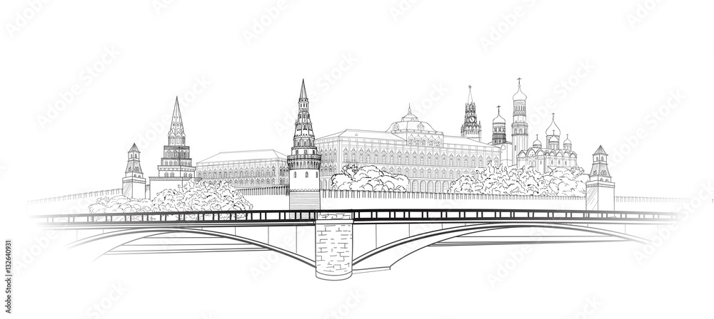 Moscow Kremlin view sketch. City buildings engraving illustration. Russian famous cityscape