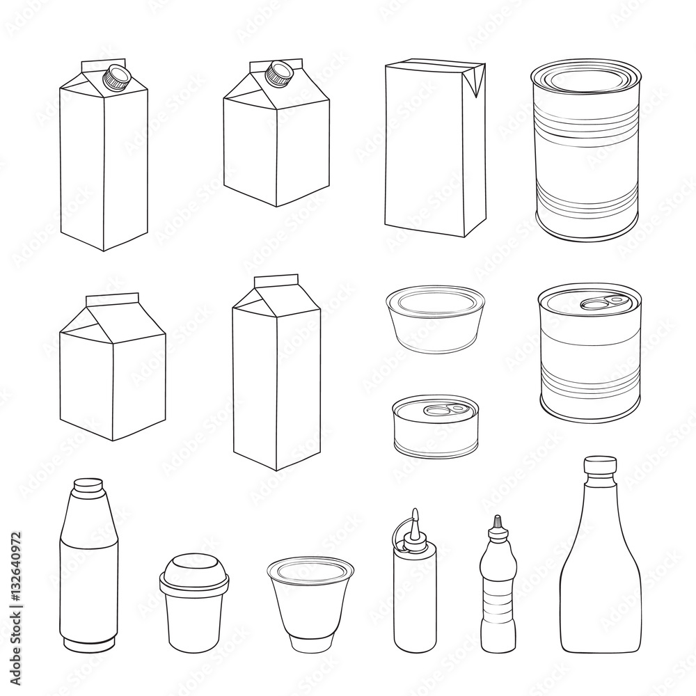 Food packaging template set. Different package outline doodle drawn icon collection Food packaging template set. Different package outline doodle drawn icon collection