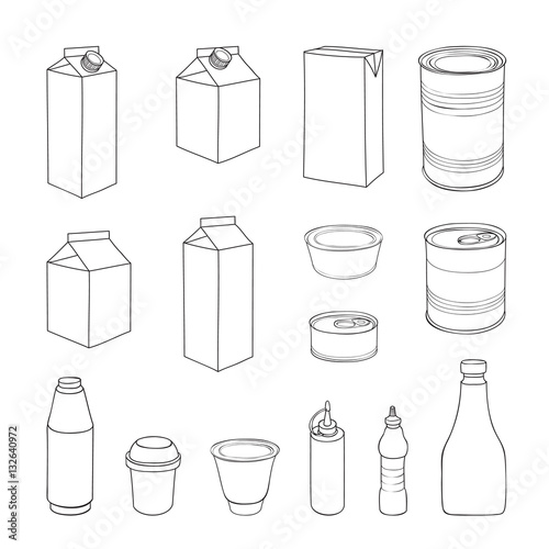 Food packaging template set. Different package outline doodle drawn icon collection