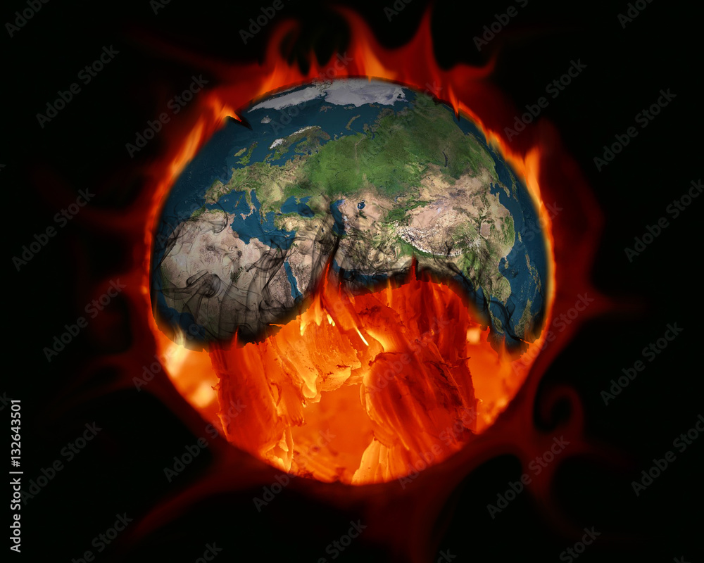 Greenhouse effect concept. Earth burned by coal combustion. Elements of
