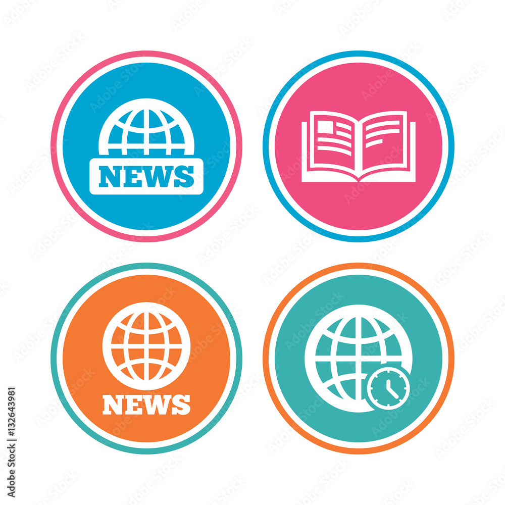 News icons. World globe symbols. Book sign. News icons. World globe symbols. Book sign.