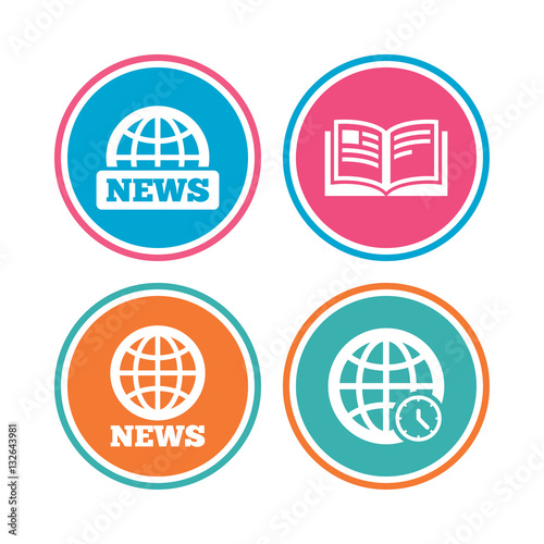News icons. World globe symbols. Book sign.