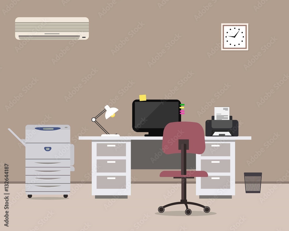 Workplace of office worker. There is a white table, a purple chair, a copy machine, a conditioner, a computer, a printer and other objects in the picture. Vector flat illustration.