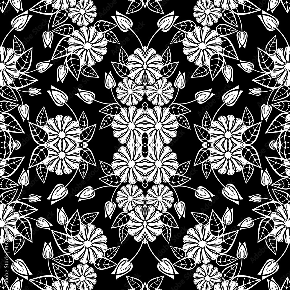 Obraz premium Black and white seamless floral pattern. Vector clip art.