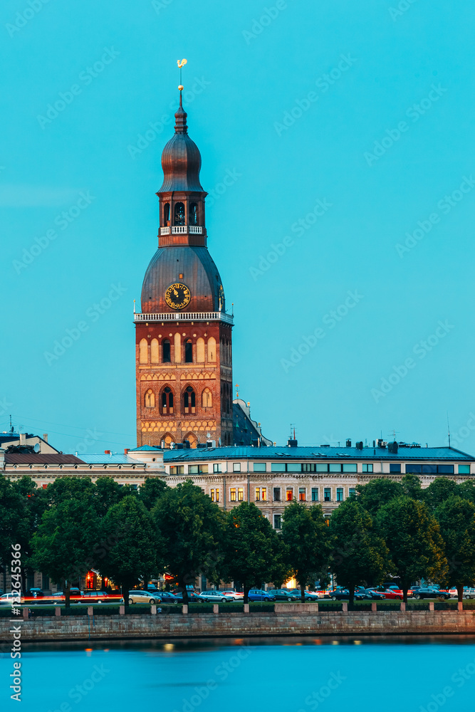 Riga Latvia. View Of Tower Of Riga Dome Cathedral Behind Daugava