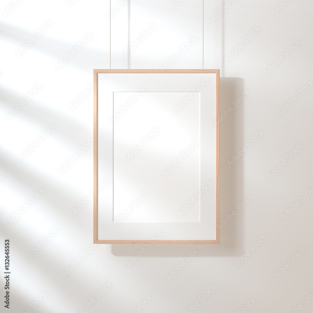 Wooden frame with White poster Mockup hanging on the wall, 3d rendering Wooden frame with White poster Mockup hanging on the wall, 3d rendering