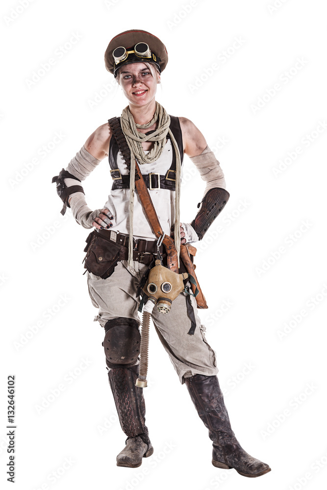 Nuclear post apocalypse life after doomsday concept. Grimy female survivor in tatters. Studio portrait on white background Nuclear post apocalypse life after doomsday concept. Grimy female survivor in tatters. Studio portrait on white background