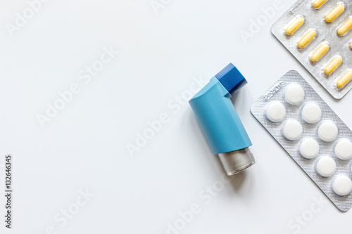 concept asthma and treatment on white background top view