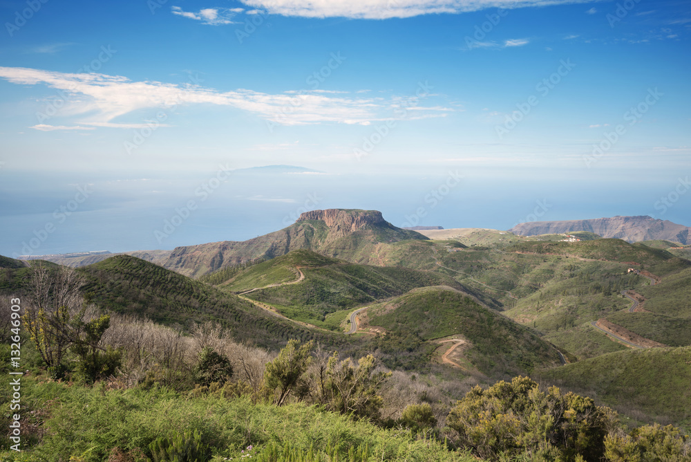 La Gomera landscape viewed from the highest point of the island,