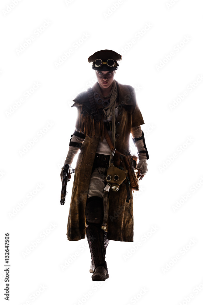 Nuclear post apocalypse life after doomsday concept. Grimy female survivor with homemade weapons. Studio portrait silhouette on white background Nuclear post apocalypse life after doomsday concept. Grimy female survivor with homemade weapons. Studio portrait silhouette on white background