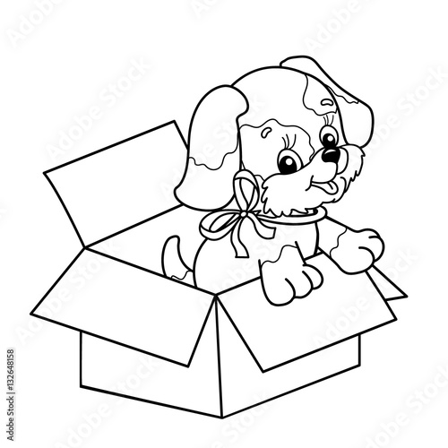 Coloring Page Outline Of cute puppy in box. Cartoon dog with bow. Gift for the holiday. Birthday. Coloring book for kids