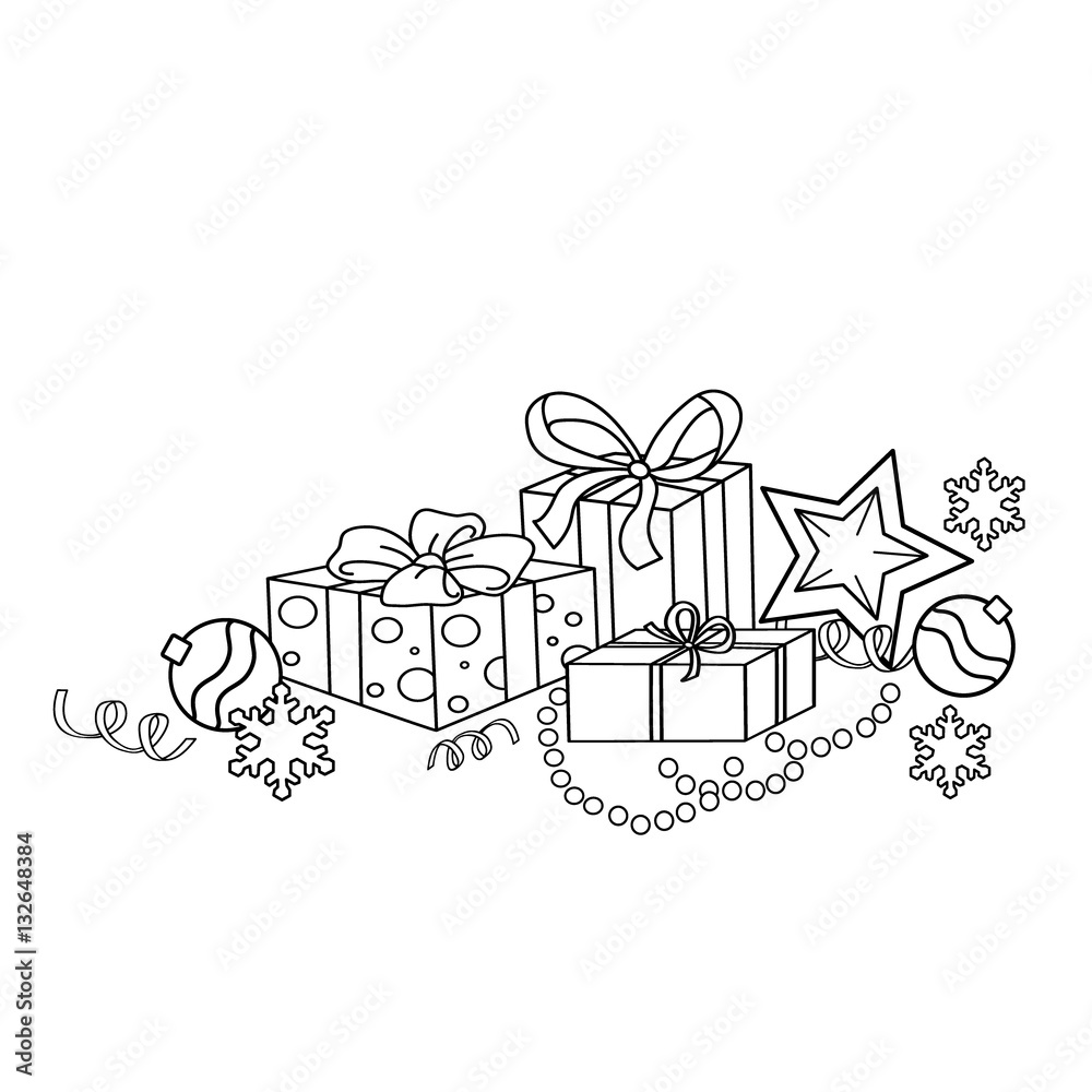 Coloring Page Outline Of cartoon Christmas ornaments and gifts. Christmas. New year. Coloring book for kids